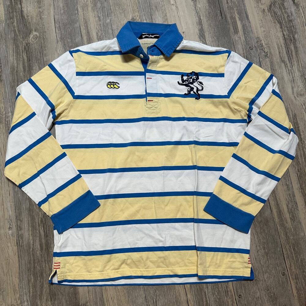 Vintage Canterbury of New Zealand Rugby Polo Shirt Striped Yellow Blue XL